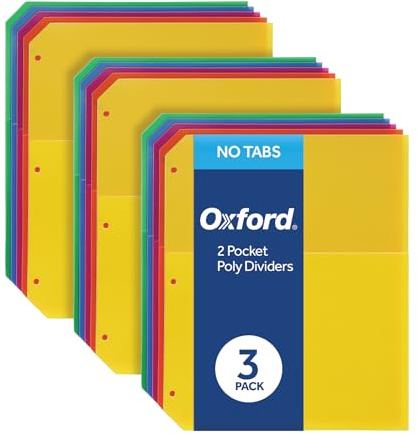 Oxford Poly-Binder-Trennblätter, Doppeltasche, 3-Loch-Organizer, helle Farben, 5 nicht haftende Organizer, 3 Stück Index-Trennblätter (59800)