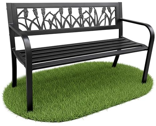 AKORD Gartenbank Lissa | Bank Garten Stahlbeinen | Sitzbank Draußen Wetterfest | Outdoor Holzbank | Gartenbänke mit Armlehne | Parkbank | Breite 124 cm | Schwarz