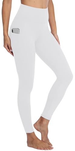 Gayhay Sport Leggings Damen mit Taschen High Waist Schwarze Sportleggins Lang Sporthose Laufhose Bauchweg Blickdicht Fitnesshose Yoga Gym Leggings Weiß.S-M