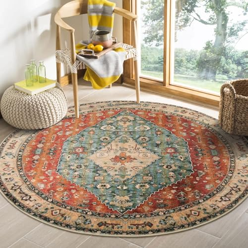 Nyescasa Runder Teppich Wohnzimmer Schlafzimmer Vintage Boho Kurzflor Teppich Weich Waschbar rutschfest Runder Teppiche für Kinderzimmer Esszimmer Outdoor, Rot, Rund 140 cm