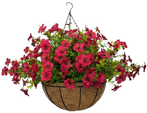 12 Inches Artificial Violets Flowers with Hanging Basket Chain Flowers Plastic Plants for Garden and Indoor Decoration (Red)