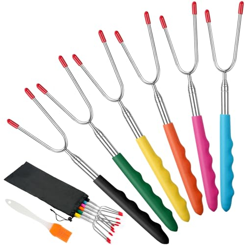 OFFCUP Bastoncini da Tostatura, 6PCS Forchette per Tostare Marshmallow, 87CM Forchette Estensibili BBQ Bastoncini, Forchette da Barbecue Con Spazzola in Silicone(Gel di Silice)