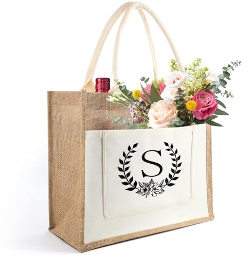 Tarklanda Personalisiert Initial Jutetasche, Jute Shopper Bag Frauen, Jute Tragetasche Damen, Einkaufstasche mit Alphabet, Geschenke für Frauen, Freundin, Brautjungfer zum Geburtstage, Hochzeit (S)