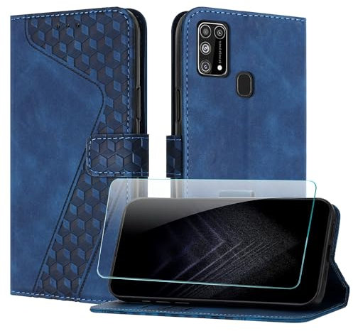 JayModCase Handyhülle für Samsung Galaxy M31 mit Schutzfolie, Flip Wallet PU Leder Galaxy M31 hülle [Kartenfach] [Magnet] [Ständer] 360 Stoßfeste Schutzhülle - Blau