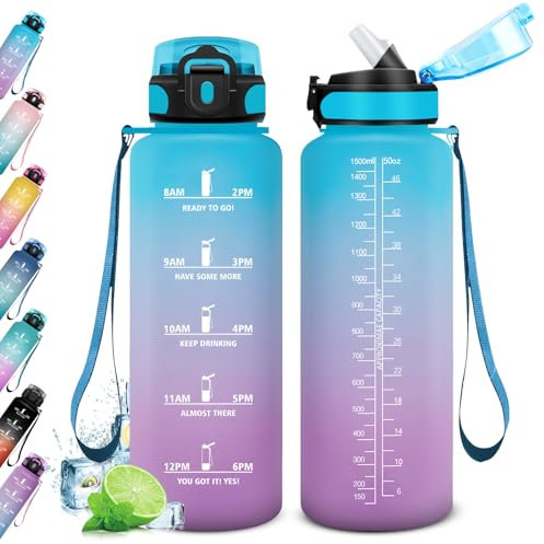 KollyKolla Gourde 1.5L, Bouteille d'eau, Gourde Paille, Étanche & Réutilisable, Gourde Sport avec Marqueur de Temps, Gourde Motivation pour Adulte, Cyclisme, Bureau, l'école, Camping