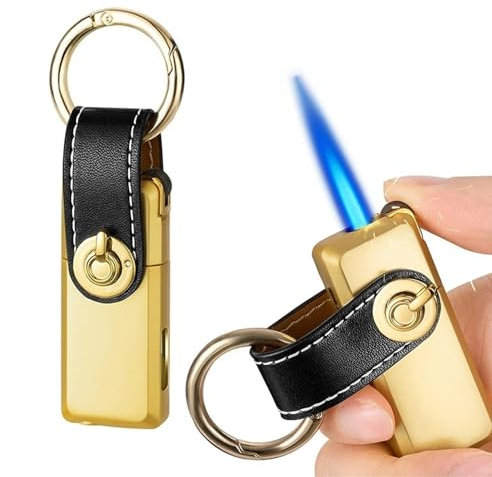 DGHNBMGNG Schlüsselanhänger-Feuerzeug aus Metall, Sturmfeuerzeug, Gasfeuerzeug mit Sichtfenster, verstellbares Flammenfeuerzeug, Geschenk for Männer(Gold)