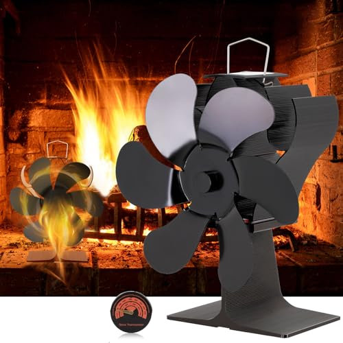 Log Burner Fan Small 6 Blades Wood Burning Stove Fan, Heat Powered Fireplace Fan Eco Fans Heat Powered High Efficiency Fireplace Fan with Thermometer, Non-Electric Fan Wood Stove Accessories (Black)