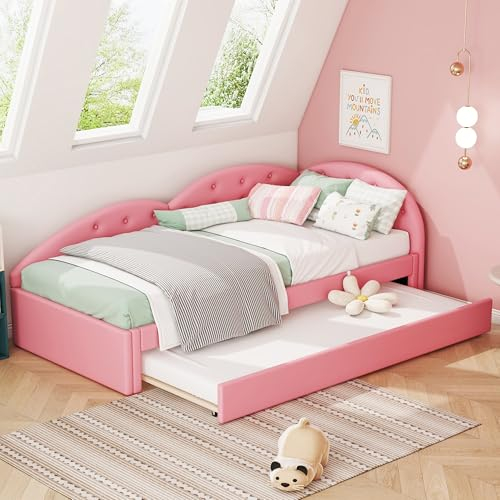 Jovify Polsterbett Kinderbett 90x200 cm, Ausziehbar Schlafsofa Tagesbett mit Ausziehbett, Gästebett Sofabett Mädchenbett Jugendbett Bettgestell mit Lattenrost aus Holz, PU-Leder, Ohne Matratze, Rosa