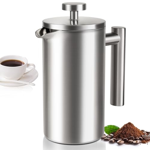 SZHETEFU Prensa francesa de una sola taza de 12 onzas, cafetera de prensa francesa de acero inoxidable 304, elegante prensa de café de viaje, capacidad de 1-2 tazas, mini cafetera de camping, prensa
