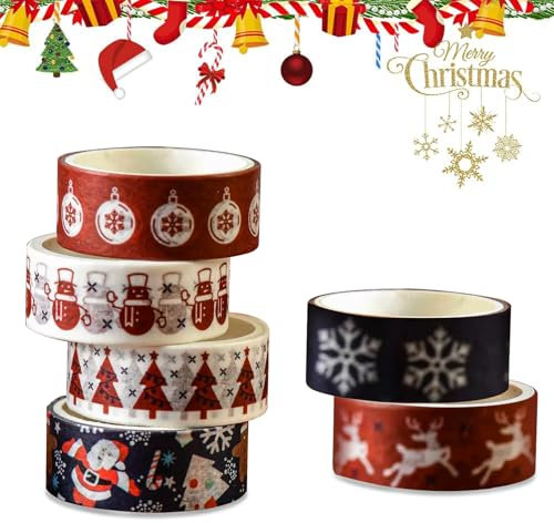 CALLYSONIC 6 Rollen Washi Tape Weihnachten, Washitape, Weihnachten Washi Tape Set Selbstklebendes, Weihnachtsbaum, Schneeflocken, Weihnachtsmann für Weihnachten, Scrapbooking und Basteln