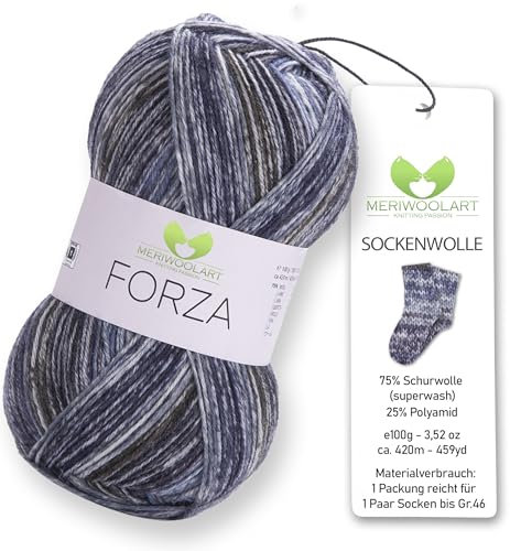 MeriWoolArt® Sockenwolle 4-fädig – 100g Merino Wolle Garn zum Stricken & Häkeln, 75% Schurwolle (superwash), 25% Polyamid, 420m – Ideal für Socken für Herren und Damen, Pullover & Cardigans 2606
