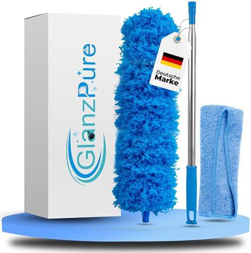 GlanzPure Juego de plumeros telescópicos, 3 piezas, extensible hasta 2,5 m, robusto telescopio, lavable, barra telescópica flexible
