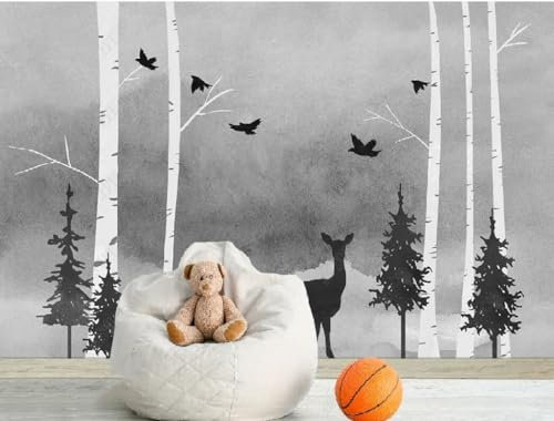 Fototapete 3D Effekt Abstrakte Cartoon Birke Baum Hain Elk 350x250cm Fototapete Schlafzimmer Wohnzimmer Kinderzimmer Wanddeko, Wandbild, Wandtapete