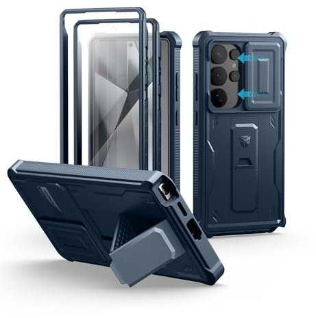 Dexnor pour Coque Samsung Galaxy S25 Ultra【Double Cadre Avant et Support】 avec CaméRa Coulissante Intégrée & Protecteur d'écran, Coque de Protection Robuste Résistante Aux Chocs - Bleu Marine