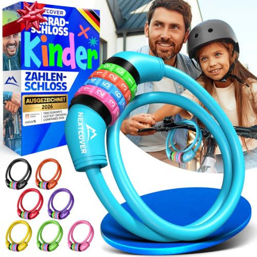 NEXTCOVER® Fahrradschloss Kinder mit 4-stelligem Zahlencode I Kinder Fahrradschloss - Ideal für Roller, Fahrrad & mehr I Zahlenschloss Fahrrad mit bunten Zahlen - Roller Schloss Extra robust & sicher
