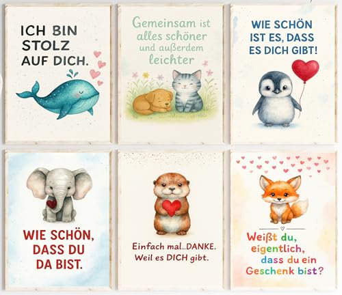 Dreamy Doodles® Affirmationsposter-Set für Kinder | 6er Poster-Set | Aquarell Tiere (Wal, Elefant, Fuchs, Pinguin u. a.) | DIN A4 | 200g Premiumpapier (Matt) | Positive Botschaften fürs Kinderzimmer