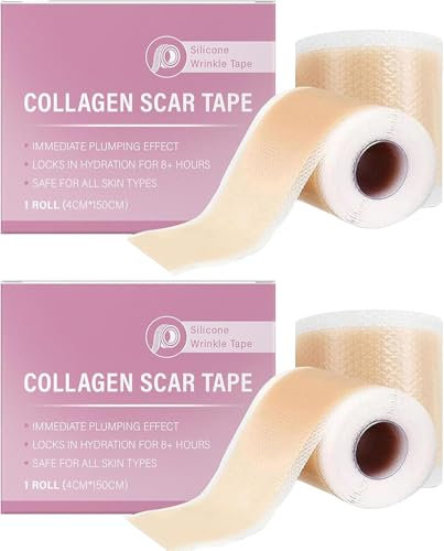 Lot de 2 pansements anti-cicatrices en silicone pour le visage avec collagène, 4 x 150 cm en silicone de qualité médicale, pansements en silicone pour cicatrices, bande de silicone pour les types