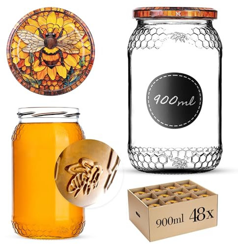KADAX Lot de 48 bocaux à miel, 900 ml, avec couvercle à visser fi82 mm, pour miel, pots à confiture, verres à vis, motif d'abeille jaune