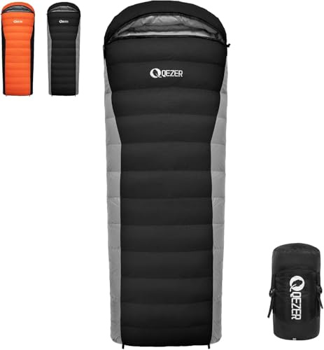 QEZER Daunenschlafsack,schlafsack kleines packmaß , 600FP+ Premium-Daunen, 12°C bis -24°C, leicht und warm für 3-4 Jahreszeiten, Camping, Wandern und Outdoor-Trekking