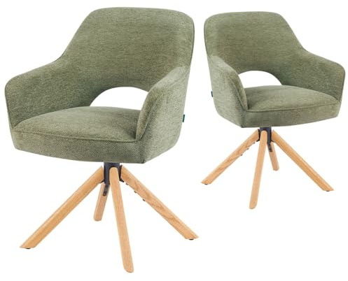 DUBI Möbel Esszimmerstühle 2er Set 360° drehbar mit Rückstellfunktion, Taschenfederkern, hoher Sitzkomfort, bis 150 kg belastbar, Stoff Grün, Eiche Massivholzgestell geölt (Natur), Mika-Lara