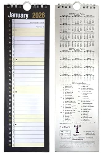 2026 schmaler Wandplaner mit Monatsansicht, Spiralbindung, Rot und Weiß (Schwarz 2026)