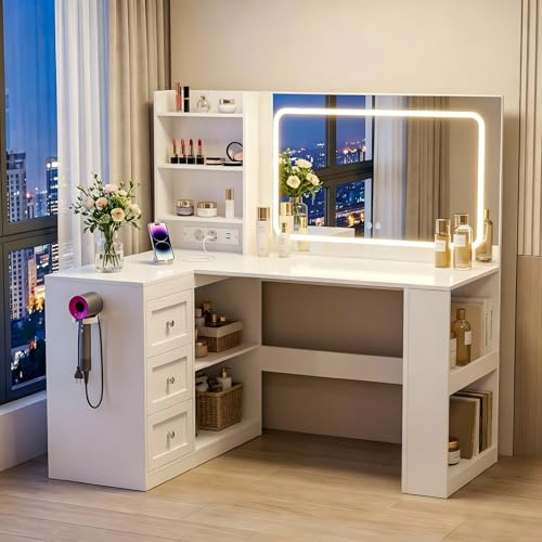 YOUDENOVA L-förmiger Eck-Schminktisch mit LED-Beleuchtung und Steckdose, Schminktisch mit Spiegel und 7 Schubladen, 2 USB, Föhnhalter, Kippsicherung, 112 cm, Weiß
