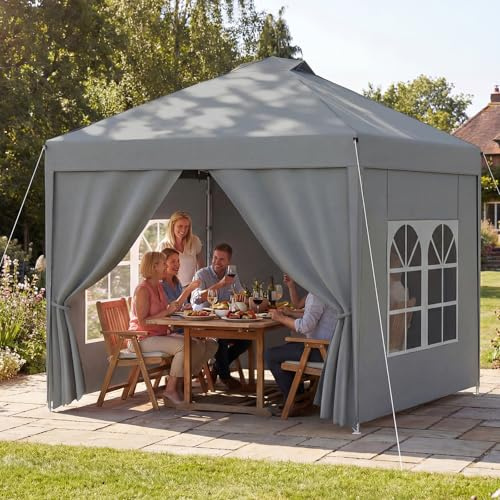Verdego Pavillon mit Seitenwänden 2.5X2.5m, Faltpavillon UV Schutz 50+, Pavillion mit Tragetasche, Gartenpavillon Wasserdicht, Winterfest, Höhenverstellbar, Partyzelt für Garten Camping, Silbergrau