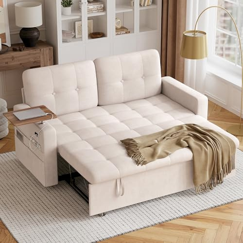 Hadibio 2 Seater Convertible Sofa Bed, 3-in-1 Sleeper with USB Ports, Beige | Removable Side Table, 6-Position Adjustable Backrest, Type-C Port, Modern Double Couch Bed for Living Room and Guest Room