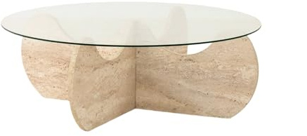 Hanah Home Modern Coffee Table, 90 cm Diameter, 30 cm Height | 100% Glass Top & Melamine Coated Particle Board Base | Elegant Travertine Marble Design