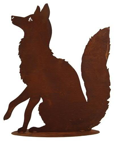 Rostdeko für Garten - Dekofigur: Sitzender Fuchs auf Platte (Fester Stand) - Höhe 60cm / Breite 48cm - Edelrost Outdoor Dekoration