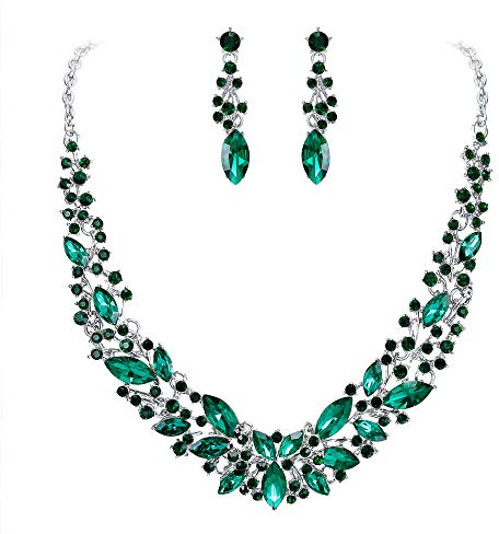 Clearine Damen Schmuckset Hochzeit Braut Österreichischen Kristall Marquise Cluster Kragen Halskette baumeln Ohrringe Set Klar Silber-Ton (Smaragd-Grün Silber-Ton)