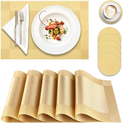Panngu Place Mats, Simple Table Place Mats and Coasters Sets of 6 - Premium Heat Resistant Washable Tableware Square Dining Table Mats (18X12 Gold)