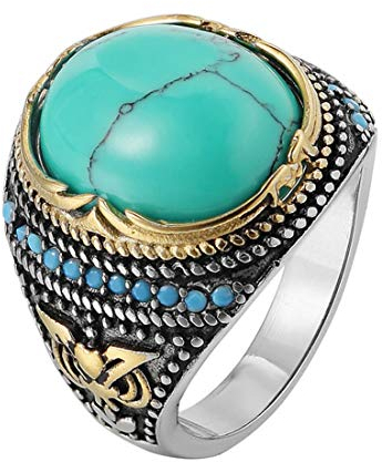 HIJONES Herren Retro Königlich Oval Türkis Stein Hochzeit Ring aus Edelstahl Exquisit Geschnitzt Silber Gold Größe 62