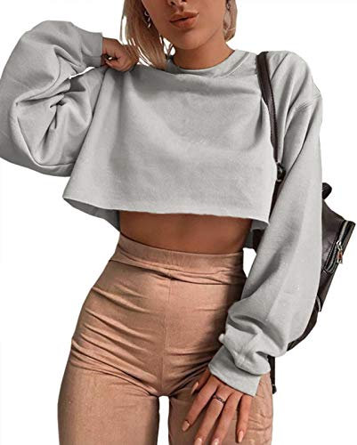 Artfish Women's Crewneck Long Sleeve Crop Tops Workout Casual Pullover Loose Sweatshirts - grey - Large