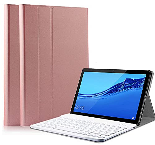 QYiiD Funda con Teclado para Huawei MediaPad T3 10, Funda de Cuero Ultra Delgada con QWERTY Teclado Bluetooth Inalámbrico Desmontable para Huawei MediaPad T3 9.6 Pulgadas, Oro Rosa