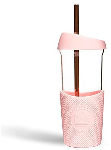 Neon Kactus Pink Flamingo 510ml Smoothie-Becher mit Metall Strohhalm, Mehrweg-Glasbecher, 2 x Thermo Deckel mit Silikondichtung und 1 x Thermo Hülle, Wiederverwendbar, Recycelbar, und auslaufsicher