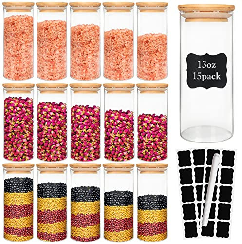 Glas-Frischhaltedosen mit luftdichtem Bambusdeckel, 390 ml, 15 Stück, 390 ml, Glas-Terrarium mit Deckel, Gewürz-, Mehl- und Zuckerbehälter, Kanister-Set für Küchentheke