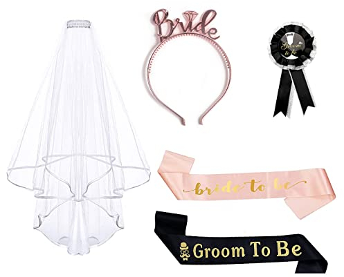TSHAOUN 5 Junggesellenabschied Set Bräutigam Schärpe Abzeichen Satz und Bride to Be Schärpe | Weiß Braut Schleier | Krone Tiara, für Junggesellenabschiede Verlobung Hochzeit