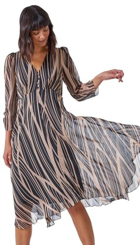 Roman Originals Abstract Print Wrap Midi Dress for Women UK - Ladies Everyday Holiday Autumn Winter Pull-On V-Neck 3/4 Sleeves Comfy Soft Vacation Work - Black - Size 16
