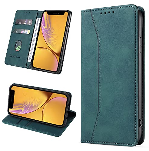 Leaisan Handyhülle für iPhone XR Hülle Premium Leder Flip Klappbare Stoßfeste Magnetische [Standfunktion] [Kartenfächern] Schutzhülle für iPhone XR Tasche - Malachitgrün