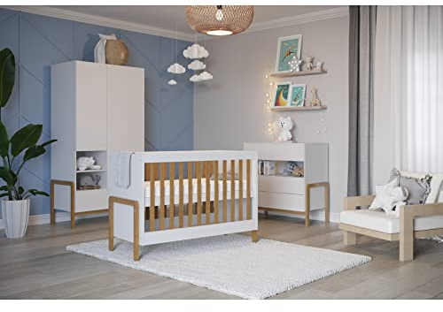 Générique Babyzimmer: Kleiderschrank mit 2 Türen + Babybett 60 x 120 cm, mit Lattenrost + Kommode mit 3 Schubladen, Farbe: Weiß