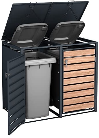 DWD Garden Double Wheelie Bin Hideaway 120L,240L Waste Bin,Storage Shed w/ Locking Doors Assisted lift up Lid easy use Outdoor Hygienic Dustbin Unit Cover Powdercoated Steel Matt Grey with Oak Doors