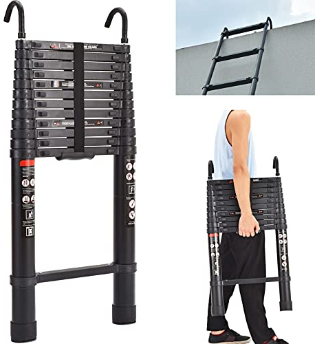 BRIEFNESS Escalera telescópica de 5 m con gancho desmontable, escalera de aluminio, resistente, extensible, multiusos, capacidad de 330 libras, aprobada por seguridad EN131, color negro, aluminio