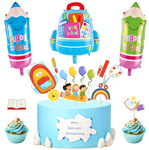 Lets Joy Einschulung Deko Set Jungen Mädchen, Schulanfang Deko 2023, Schulanfang Tortendeko, Cupcake Topper Luftballon,1 Schultüte Folienballon+ 2 Pencil Folienballons+15 Schulanfang Cupcake Topper