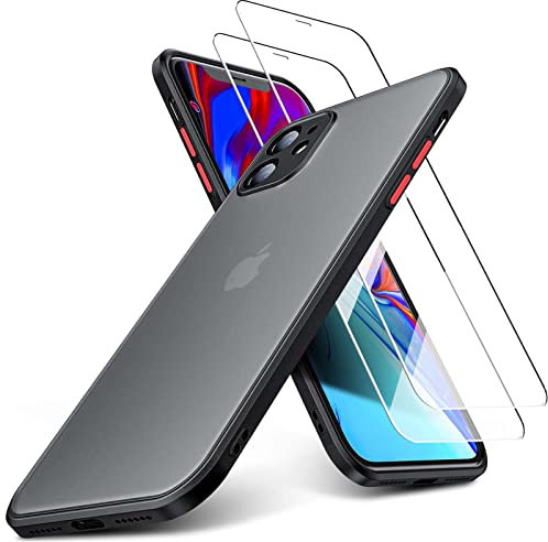 KIOMY Case for Phone 12 Clear Case with 2pcs HD Tempered Glass Screen Protectors, Translucent Matte Protection Cover with Soft Edge, Hard PC Back and TPU Frame Hybrid Anti Yellow Slim fit Shell Black