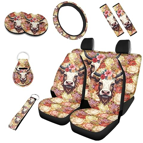 Kuiaobaty Boho Kuh Floral Auto Sitzbezüge Full Set von 10 Bight Flowers Auto Innenraum für Frauen Lenkradbezug Cup Pads