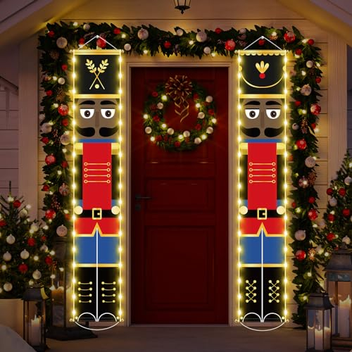 Lounsweer Christmas Nutcracker Banner with LED Lights - Brown - 30 x 180 cm - Outdoor, Porch, Yard - Holiday Celebrations