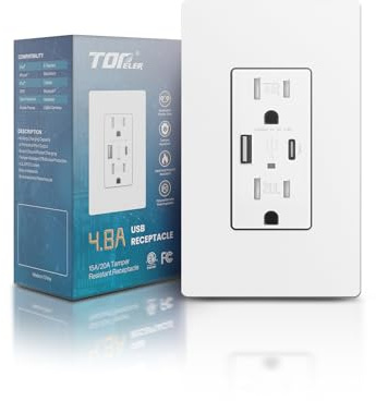 TOPELER USB Outlet, 4.8Amp Type C Wall Charger Power Outlet, Electrical Socket with USB C/A Ports, 15 Amp Tamper Resistant Receptacle, Screwless Wall Plate Include, ETL Listed, White