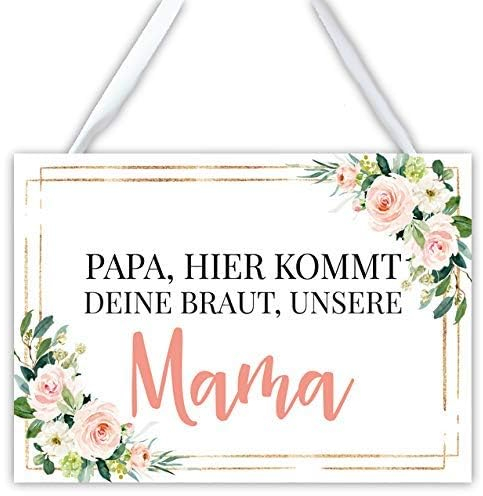 Schild für die Hochzeit Hier kommt deine Braut, für eure Trauung in A4 inklusive Satinband auf einer MDF-Platte, individualisierter Name, gold/modern