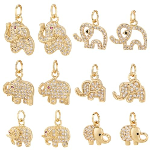 PH PandaHall 12 Stück 18K Gold Elefantenanhänger 6 Stil Goldener Elefant Glücksanhänger Elefanten Anhänger Messing Tier Charms Strass Charms Für Schlüsselanhänger Schmuck Basteln